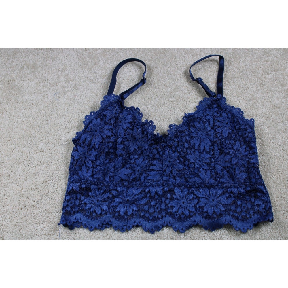 Lace Bralette Womens Medium Blue Floral Sheer Crop Top Lined Adjustable Straps